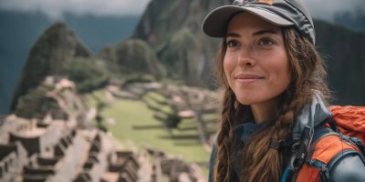 Solo female traveler confidently exploring Machu Picchu with safety gear, meeting local women artisans, using safety apps, staying in secure accommodations, and participating in women-friendly group tours