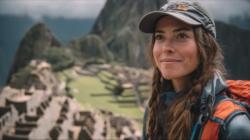 Solo female traveler confidently exploring Machu Picchu with safety gear, meeting local women artisans, using safety apps, staying in secure accommodations, and participating in women-friendly group tours
