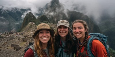 Solo travelers exploring Peru independently with backpacks, using public transportation, staying in hostels, navigating local markets, and confidently exploring archaeological sites while maintaining safety and connecting with other travelers