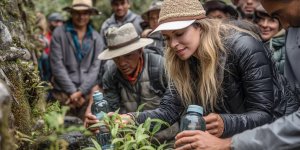 Sustainable eco-tourism scene at Machu Picchu showing responsible travelers using reusable water bottles, respecting wildlife, staying on designated paths, with local community members demonstrating traditional conservation practices