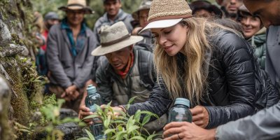 Sustainable eco-tourism scene at Machu Picchu showing responsible travelers using reusable water bottles, respecting wildlife, staying on designated paths, with local community members demonstrating traditional conservation practices
