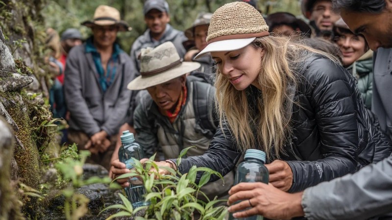 Sustainable eco-tourism scene at Machu Picchu showing responsible travelers using reusable water bottles, respecting wildlife, staying on designated paths, with local community members demonstrating traditional conservation practices