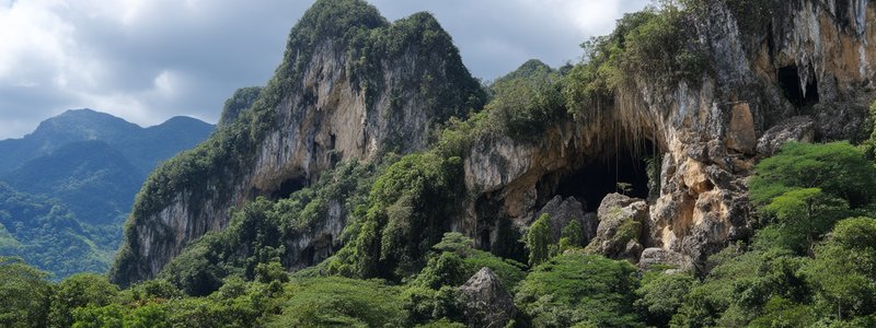 Jungle-clad limestone hills and the mouth of Cueva de las Lechuzas in Tingo María National Park