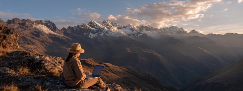 Person working remotely on a laptop overlooking the Peruvian mountains