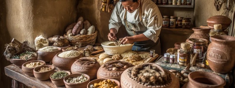 Peruvian chef preparing traditional quinoa and alpaca dishes in rustic kitchen with clay pots and indigenous ingredients