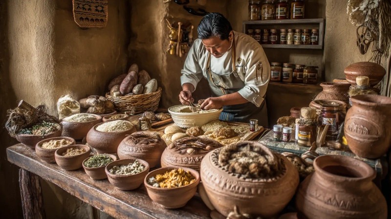 Peruvian chef preparing traditional quinoa and alpaca dishes in rustic kitchen with clay pots and indigenous ingredients