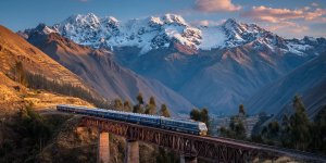 High-speed train crossing scenic Peruvian mountain bridge through Sacred Valley with snow-capped Andes peaks in background during golden hour