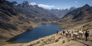 Hikers walking past alpacas near a high Andean lake on the Lares Trek