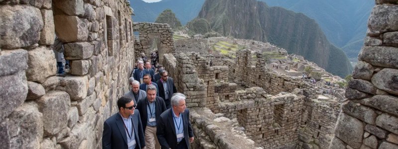 Business professionals visiting Machu Picchu during corporate retreats, wearing business attire while exploring ancient ruins, participating in team building activities, and balancing work responsibilities with cultural experiences
