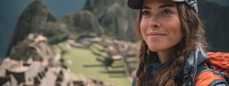 Solo female traveler confidently exploring Machu Picchu with safety gear, meeting local women artisans, using safety apps, staying in secure accommodations, and participating in women-friendly group tours