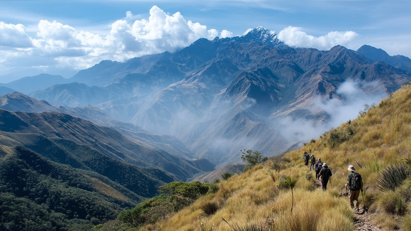 Hikers exploring Vilcabamba Trek with dramatic mountain scenery