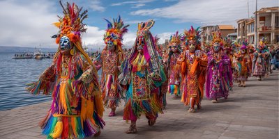 Vibrant Virgen de la Candelaria festival in Puno with colorful traditional dancers in elaborate masks and costumes dancing near Lake Titicaca shores
