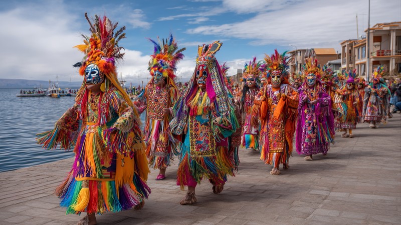 Vibrant Virgen de la Candelaria festival in Puno with colorful traditional dancers in elaborate masks and costumes dancing near Lake Titicaca shores