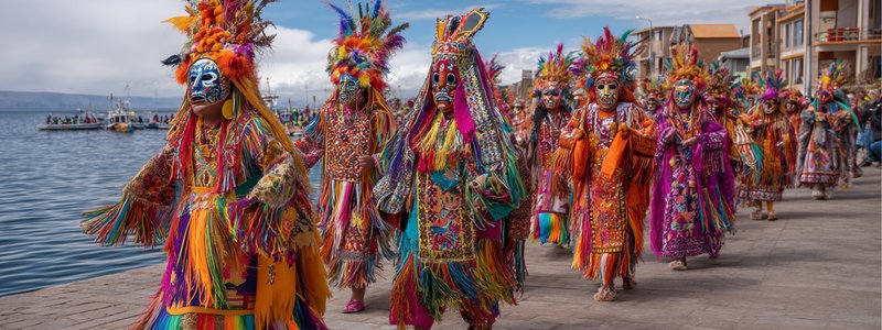 Vibrant Virgen de la Candelaria festival in Puno with colorful traditional dancers in elaborate masks and costumes dancing near Lake Titicaca shores
