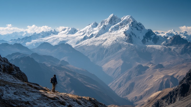 High-altitude trekker overlooking the Peruvian Andes