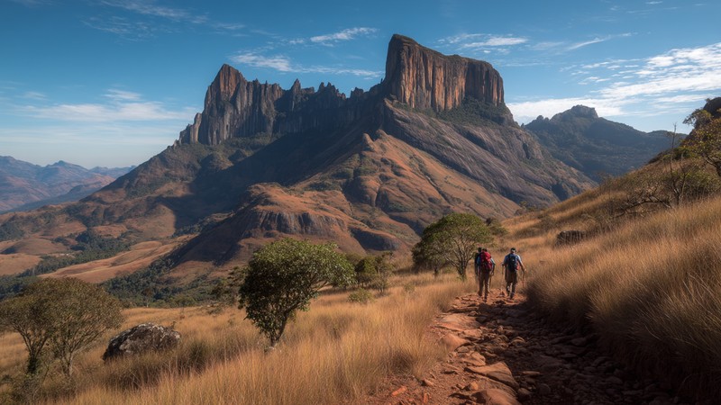 Hikers exploring Waqrapukara Hike with dramatic mountain scenery