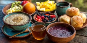 Traditional Peruvian breakfast spread with quinoa porridge, fresh fruits, coca tea, and bread rolls served at a rustic wooden table in mountain setting