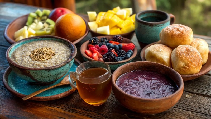 Traditional Peruvian breakfast spread with quinoa porridge, fresh fruits, coca tea, and bread rolls served at a rustic wooden table in mountain setting