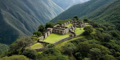Terraced ruins of Choquequirao surrounded by green mountains