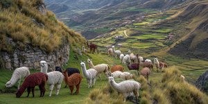 Llamas and alpacas grazing on a Peruvian Andes hillside