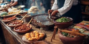 Peru's rich culinary landscape showcasing street food vendors preparing anticuchos and picarones, traditional markets with colorful ingredients, fine dining restaurants serving modern interpretations of classic dishes, and cooking classes teaching authentic techniques